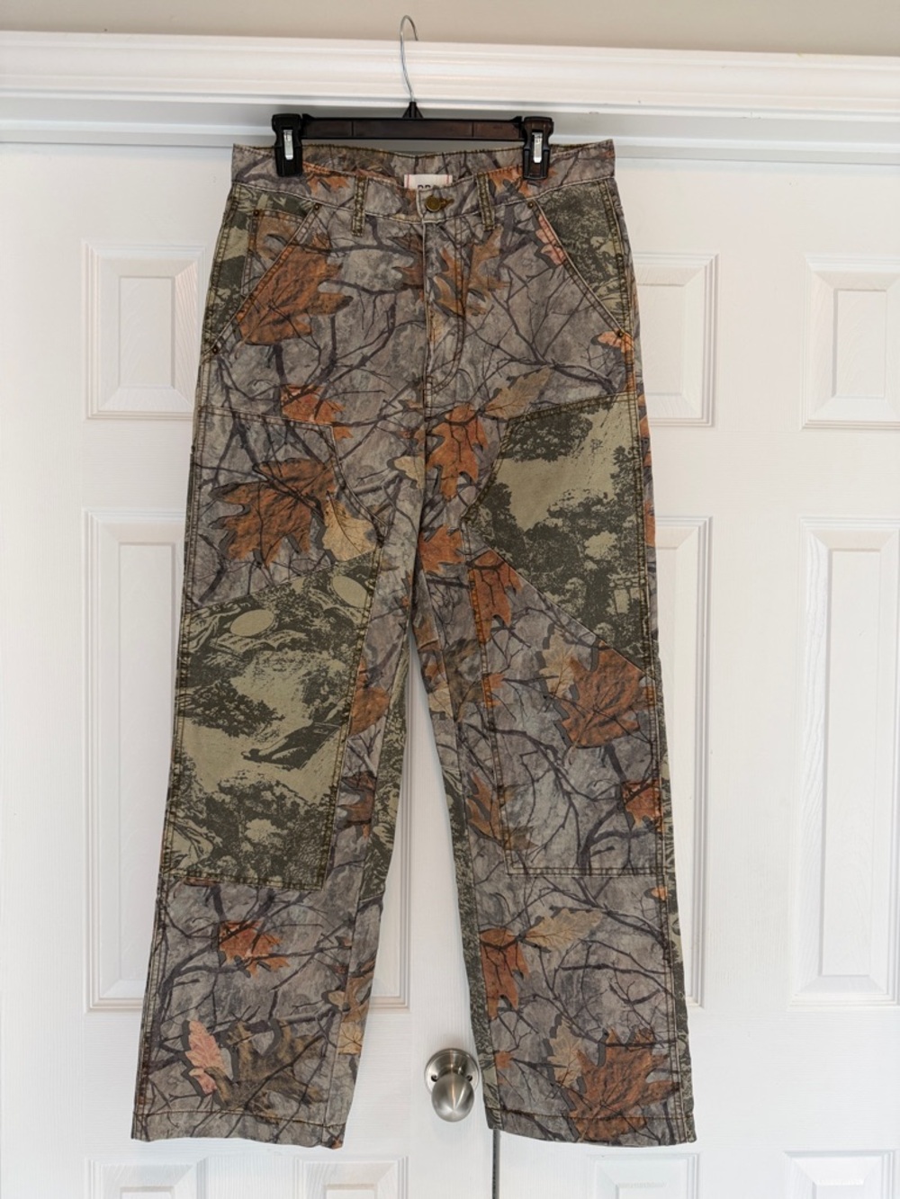 BDG Women's Straight Leg Pants in Olive, Brown & Gray Camo Leaf Print